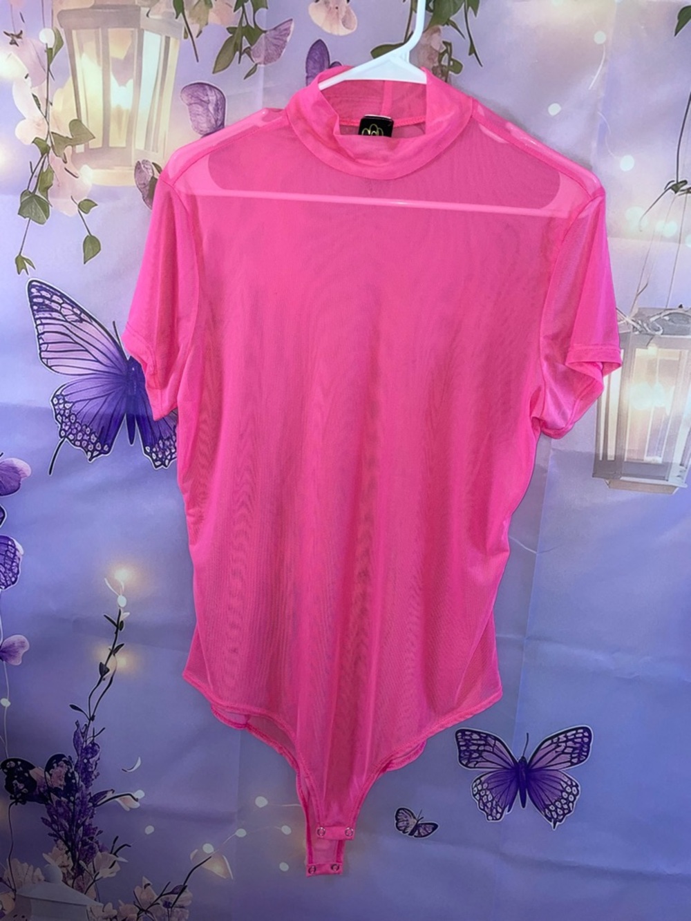 Hot Pink Sheer Mock Neck Bodysuit